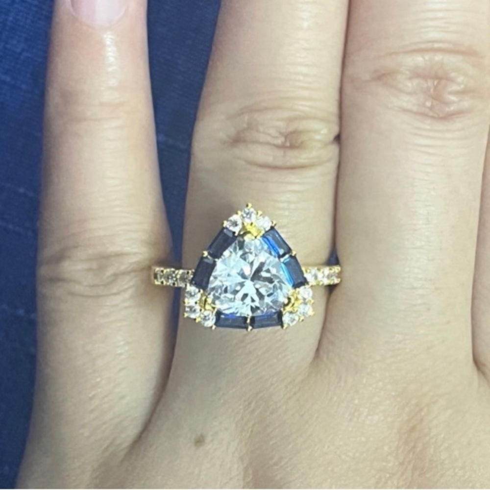 Halo Triangle Cut White & Blue Sapphire Engagement Ring - Picture 9 of 9